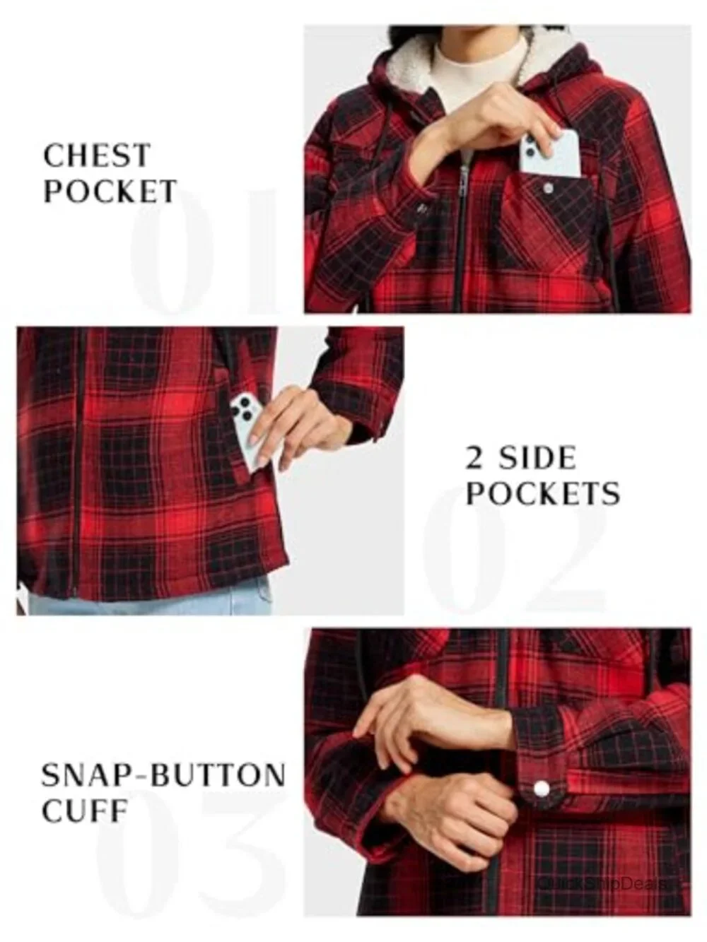 Women's Fleece Zip Up Hoodie Plaid Flannel Jacket With Pockets